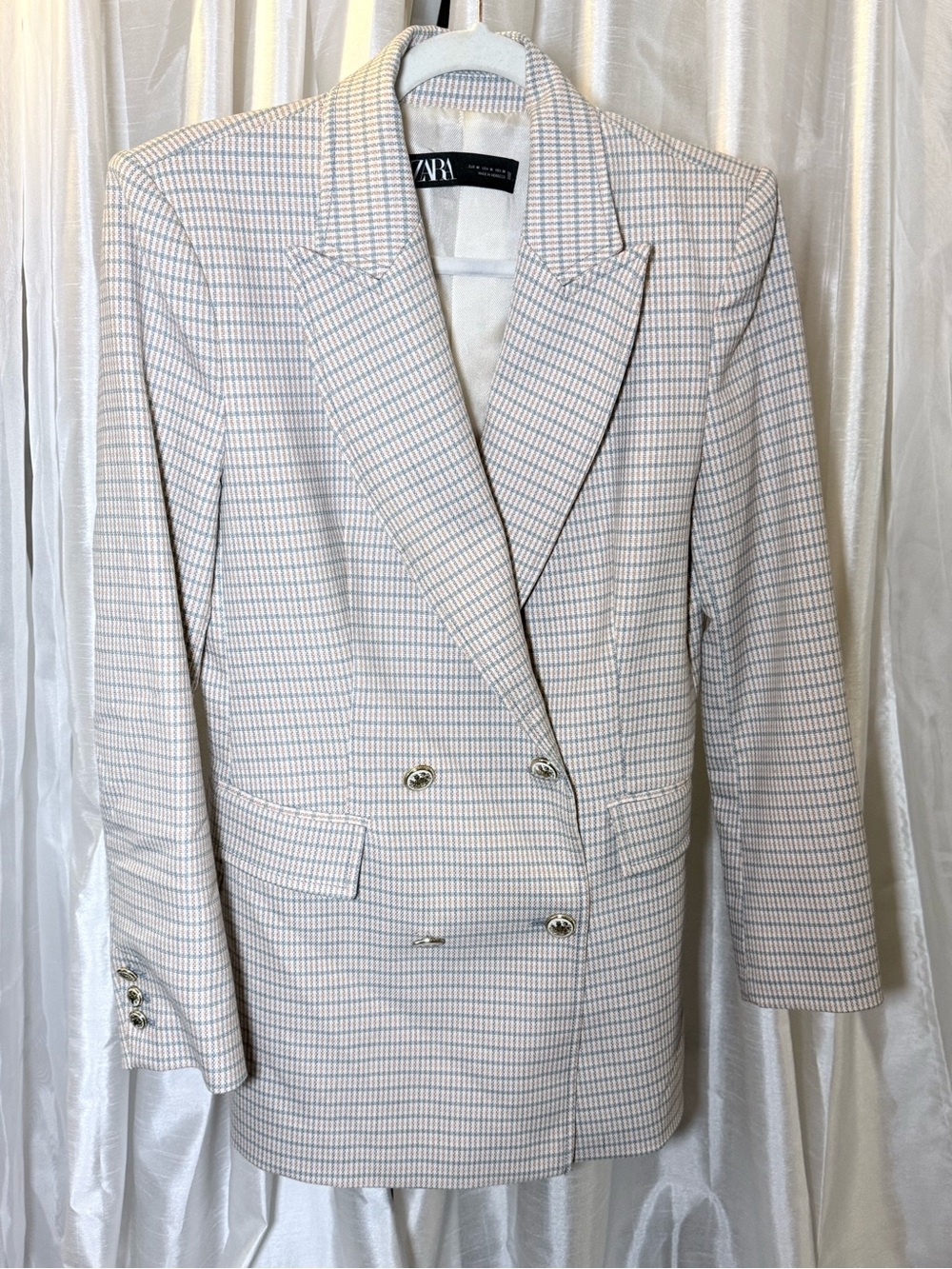 Zara Double-Breasted Checked Blazer in Ivory and Light Blue
